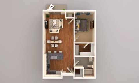 Floor plan for 1 bed, 1 bath, 749 sqft